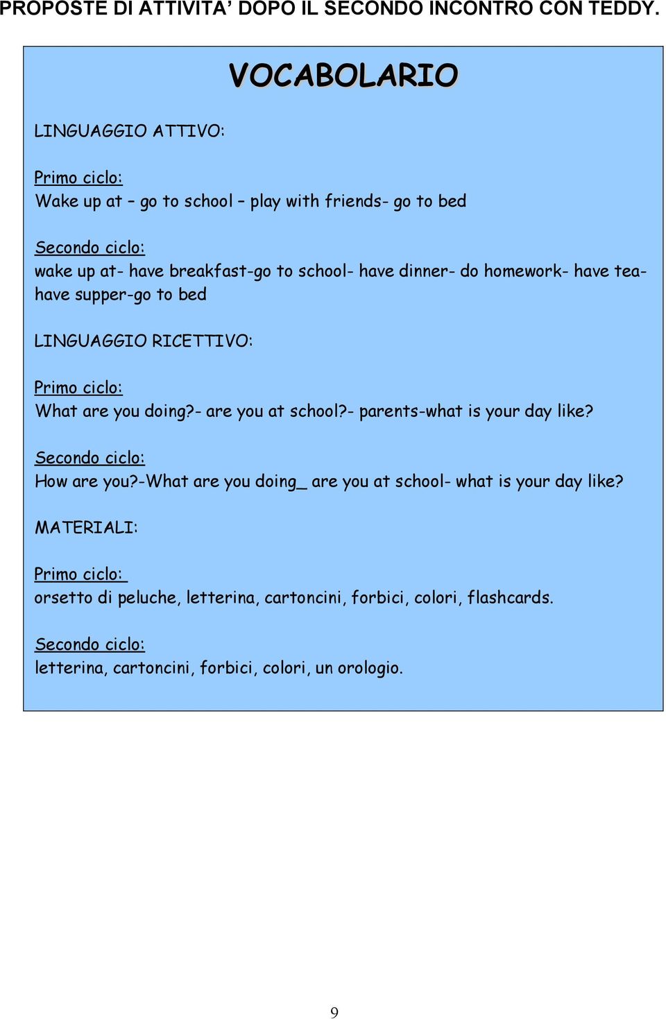 have dinner- do homework- have teahave supper-go to bed LINGUAGGIO RICETTIVO: Primo ciclo: What are you doing?- are you at school?