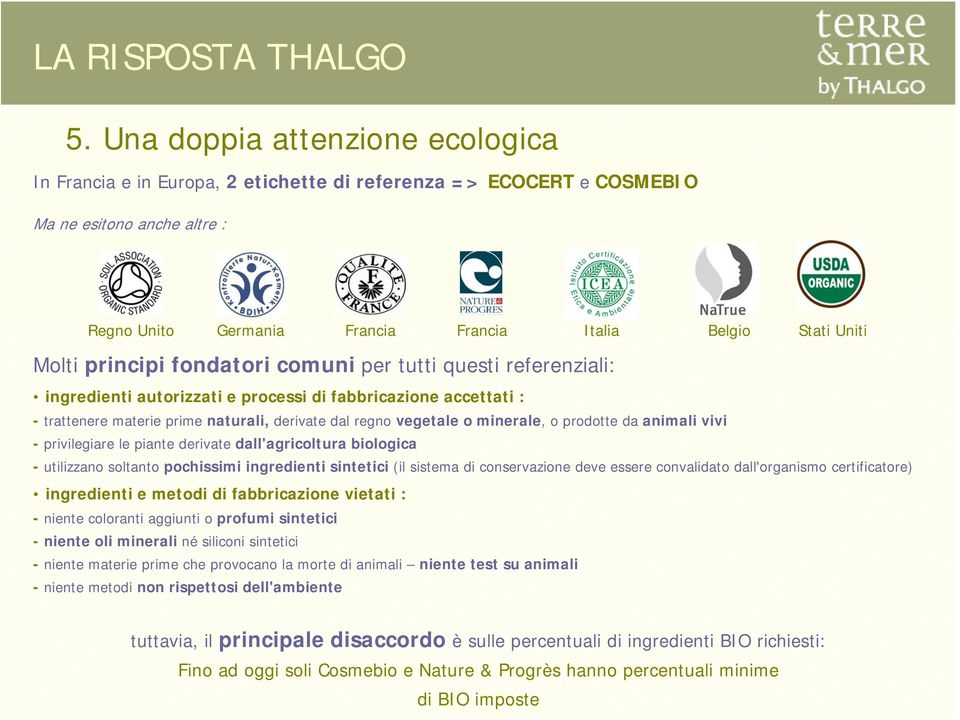 principi fondatori comuni per tutti questi referenziali: ingredienti autorizzati e processi di fabbricazione accettati : - trattenere materie prime naturali, derivate dal regno vegetale o minerale, o