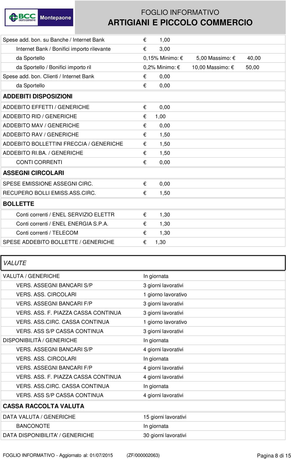 Clienti / Internet Bank 0,00 da Sportello 0,00 ADDEBITI DISPOSIZIONI ADDEBITO EFFETTI / GENERICHE 0,00 ADDEBITO RID / GENERICHE 1,00 ADDEBITO MAV / GENERICHE 0,00 ADDEBITO RAV / GENERICHE 1,50