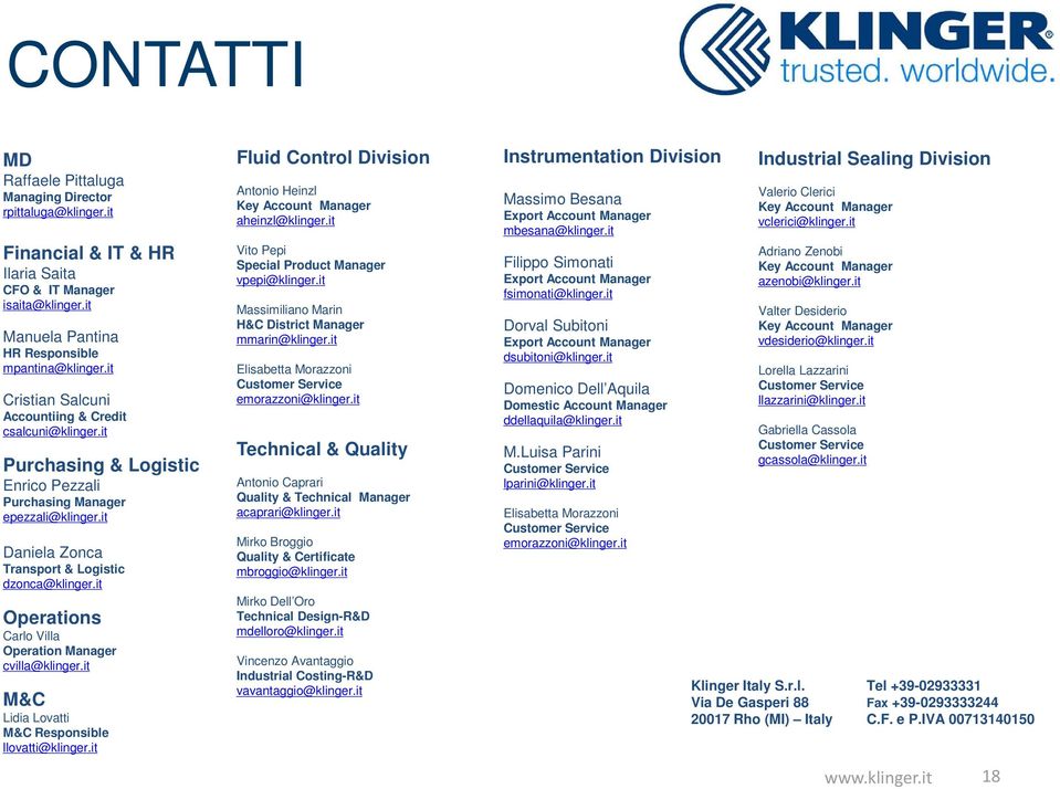 it Operations Carlo Villa Operation Manager cvilla@klinger.it M&C Lidia Lovatti M&C Responsible llovatti@klinger.it Fluid Control Division Antonio Heinzl Key Account Manager aheinzl@klinger.