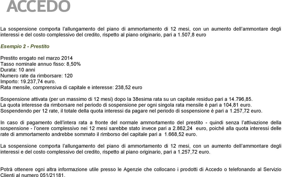 Rata mensile, comprensiva di capitale e interesse: 238,52 euro Sospensione attivata (per un massimo di 12 mesi) dopo la 38esima rata su un capitale residuo pari a 14.796,85.