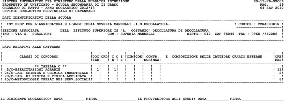 : SOVERIA MANNELLI DISTR.: 012 CAP 88049 TEL.: 0968 /662086! SER N! S!NOR!MAXRES!! ** TABELLA C **! 5/C-ESERCITAZIONI AGRARIE! 1 1! 11!