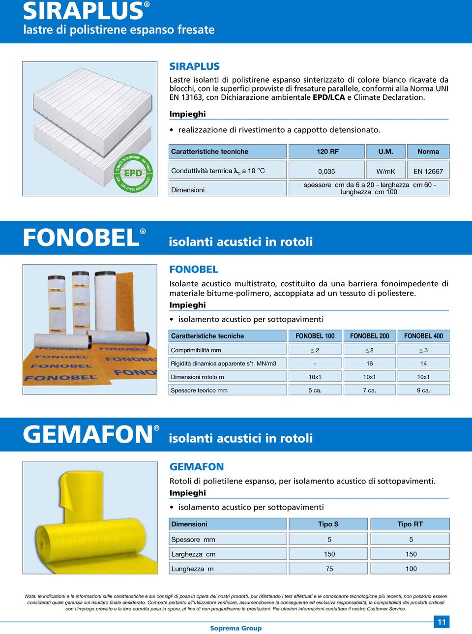 120 RF PD CLIMAT DCLARATION ISO 1402 LCA LIF CYCL ASSSSMNT Conduttività termica λ D a 10 C 0,03 N 12667 spessore cm da 6 a 20 larghezza cm 60 lunghezza cm 100 FONOBL isolanti acustici in rotoli