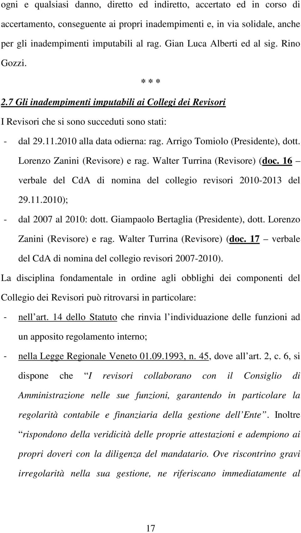 Arrigo Tomiolo (Presidente), dott. Lorenzo Zanini (Revisore) e rag. Walter Turrina (Revisore) (doc. 16 verbale del CdA di nomina del collegio revisori 2010-2013 del 29.11.