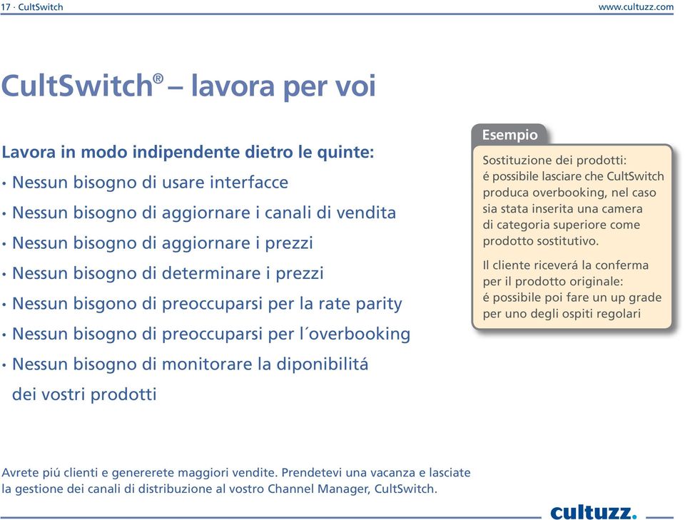 Nessun bisogno di determinare i prezzi Nessun bisgono di preoccuparsi per la rate parity Nessun bisogno di preoccuparsi per l overbooking Nessun bisogno di monitorare la diponibilitá dei vostri