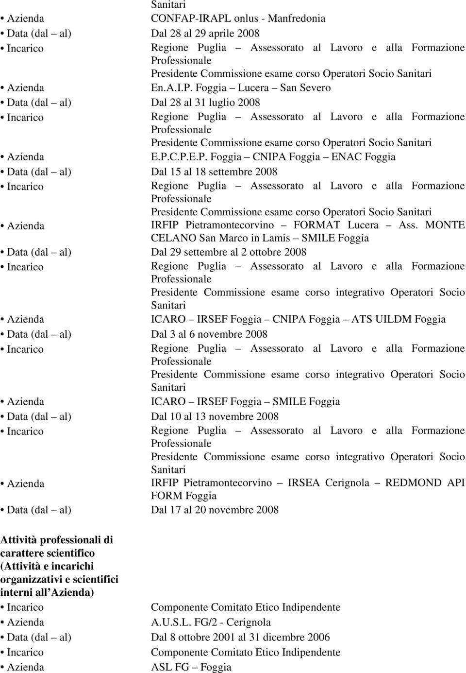 MONTE CELANO San Marco in Lamis SMILE Data (dal al) Dal 29 settembre al 2 ottobre 08 Presidente Commissione esame corso integrativo Operatori Socio Sanitari ICARO IRSEF CNIPA ATS UILDM Data (dal al)