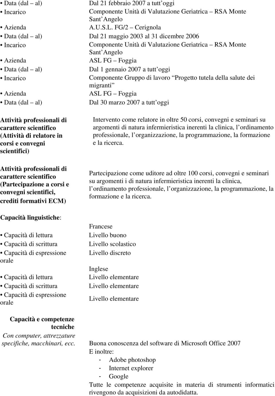 lavoro Progetto tutela della salute dei migranti ASL FG Data (dal al) Dal 30 marzo 07 a tutt oggi (Attività di relatore in corsi e convegni scientifici) (Partecipazione a corsi e convegni