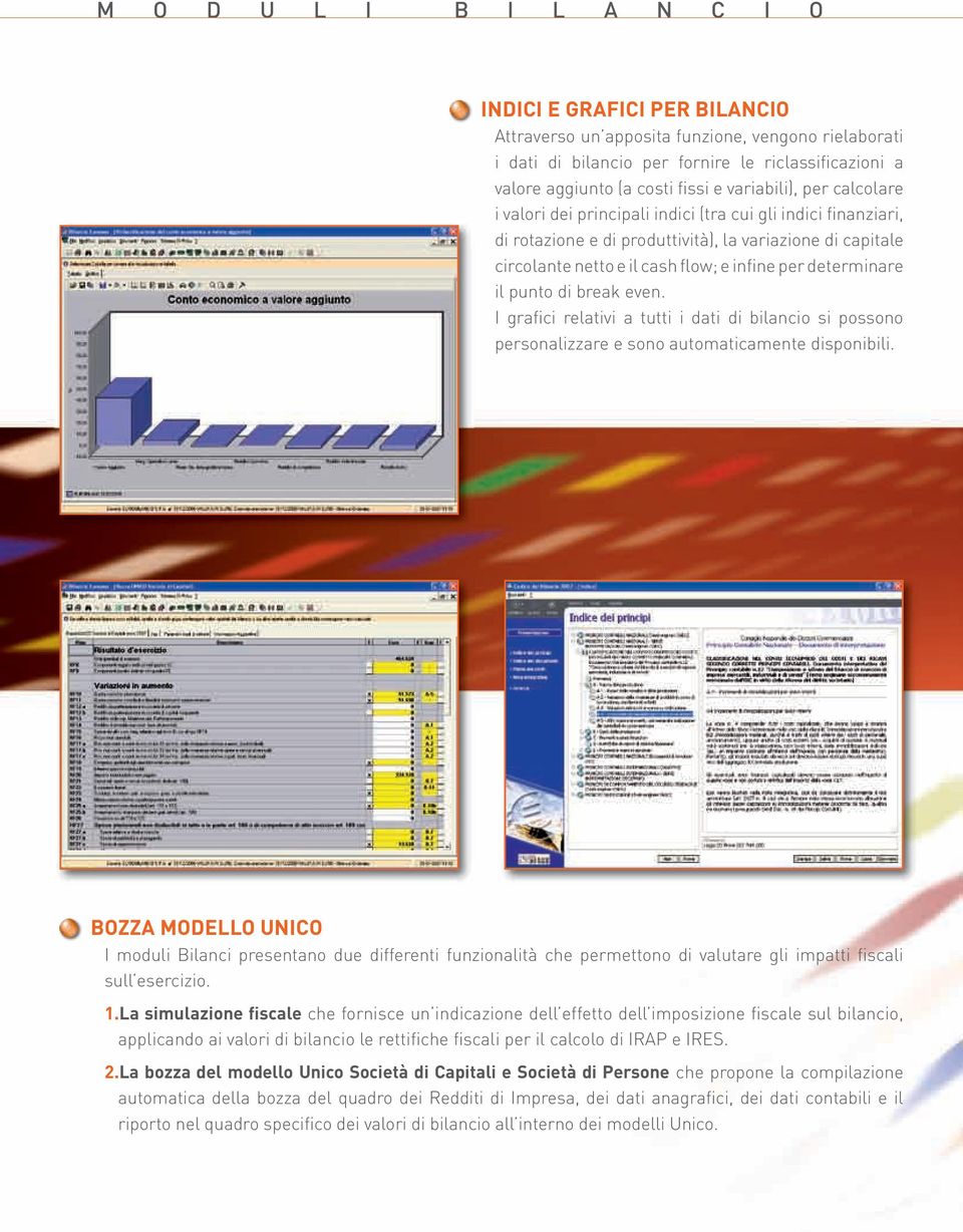 determinare il punto di break even. I grafici relativi a tutti i dati di bilancio si possono personalizzare e sono automaticamente disponibili.