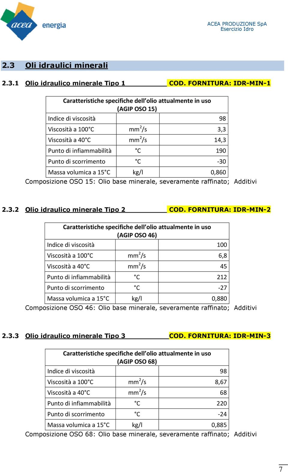 kg/l 0,860 Composizione OSO 15: Olio base minerale, severamente raffinato; Additivi 2.3.2 Olio idraulico minerale Tipo 2 COD.