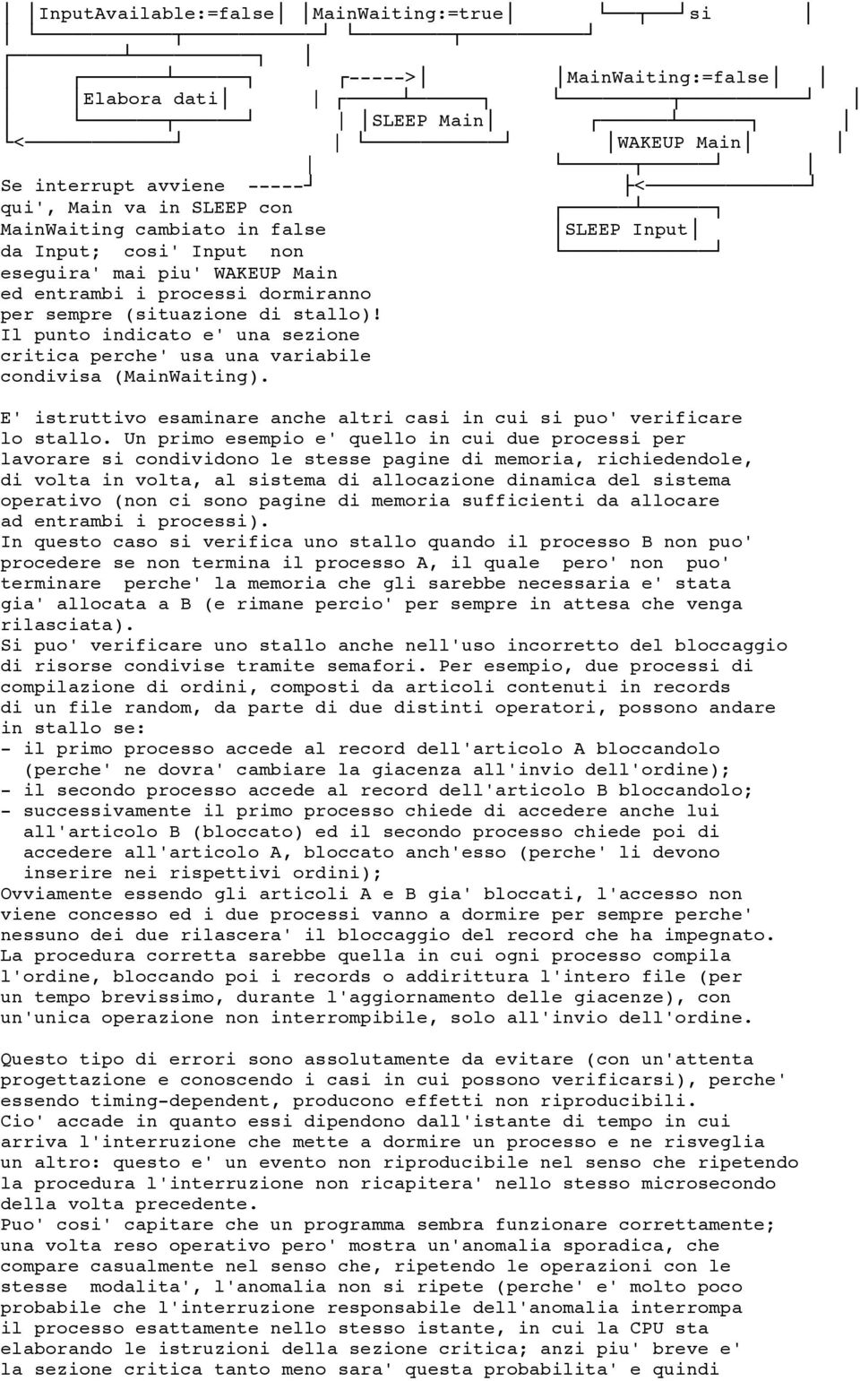 Il punto indicato e' una sezione critica perche' usa una variabile condivisa (MainWaiting). E' istruttivo esaminare anche altri casi in cui si puo' verificare lo stallo.