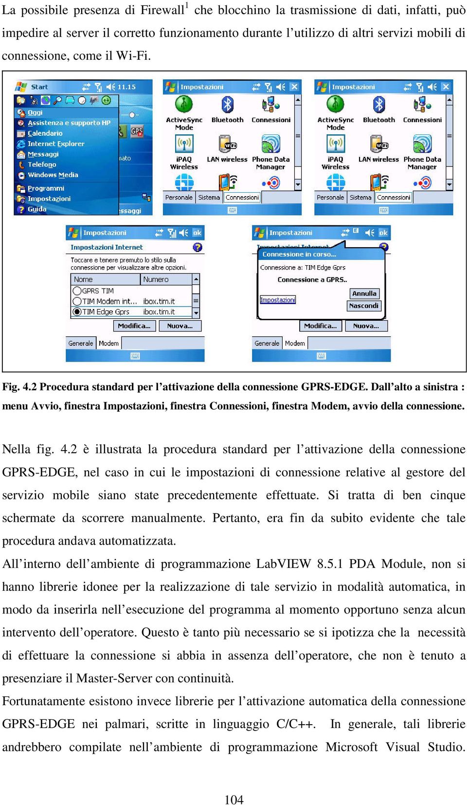 Dall alto a sinistra : menu Avvio, finestra Impostazioni, finestra Connessioni, finestra Modem, avvio della connessione. Nella fig. 4.