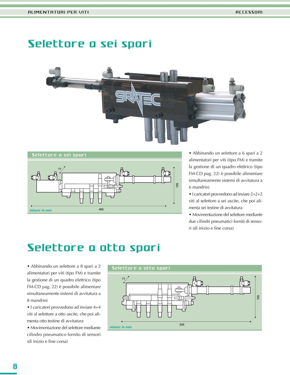 22) è possibile alimentare simultaneamente sistemi di avvitatura a 6 mandrini I caricatori provvedono ad inviare 2+2+2 viti al selettore a sei uscite, che poi alimenta sei testine di avvitatura