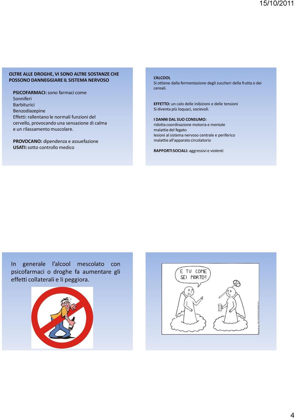 PROVOCANO: dipendenza e assuefazione USATI: sotto controllo medico L ALCOOL Si ottiene dalla fermentazione degli zuccheri della frutta o dei cereali.