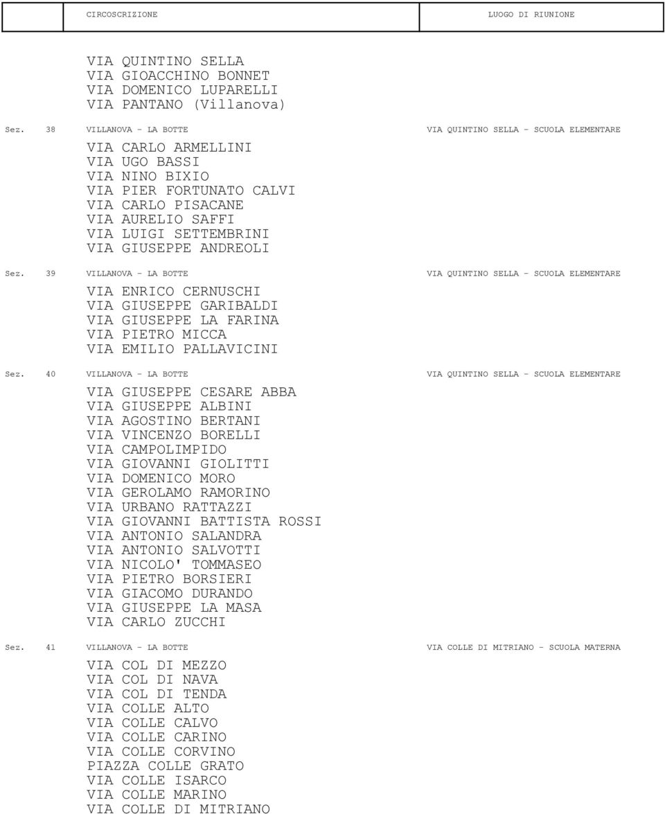 GIUSEPPE ANDREOLI Sez. 39 VILLANOVA - LA BOTTE VIA QUINTINO SELLA - SCUOLA ELEMENTARE VIA ENRICO CERNUSCHI VIA GIUSEPPE GARIBALDI VIA GIUSEPPE LA FARINA VIA PIETRO MICCA VIA EMILIO PALLAVICINI Sez.