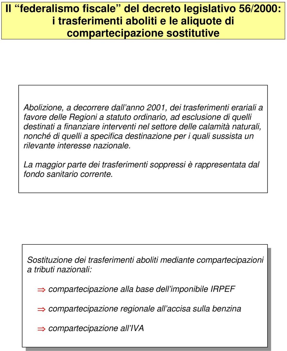 specifica destinazione per i quali sussista un rilevante interesse nazionale. La maggior parte dei trasferimenti soppressi è rappresentata dal fondo sanitario corrente.