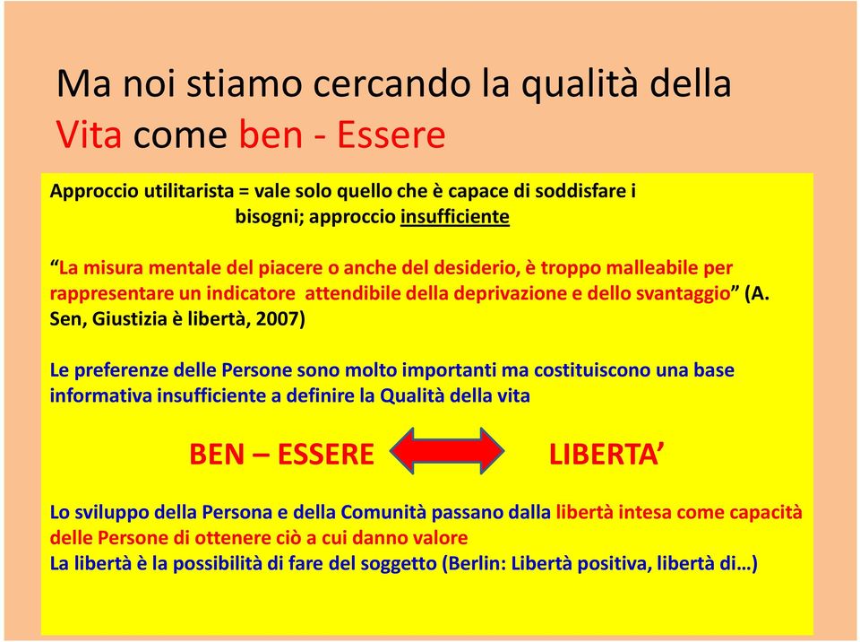 Sen, Giustizia è libertà, 2007) Le preferenze delle Persone sono molto importanti ma costituiscono una base informativa insufficiente a definire la Qualità della vita BEN ESSERE