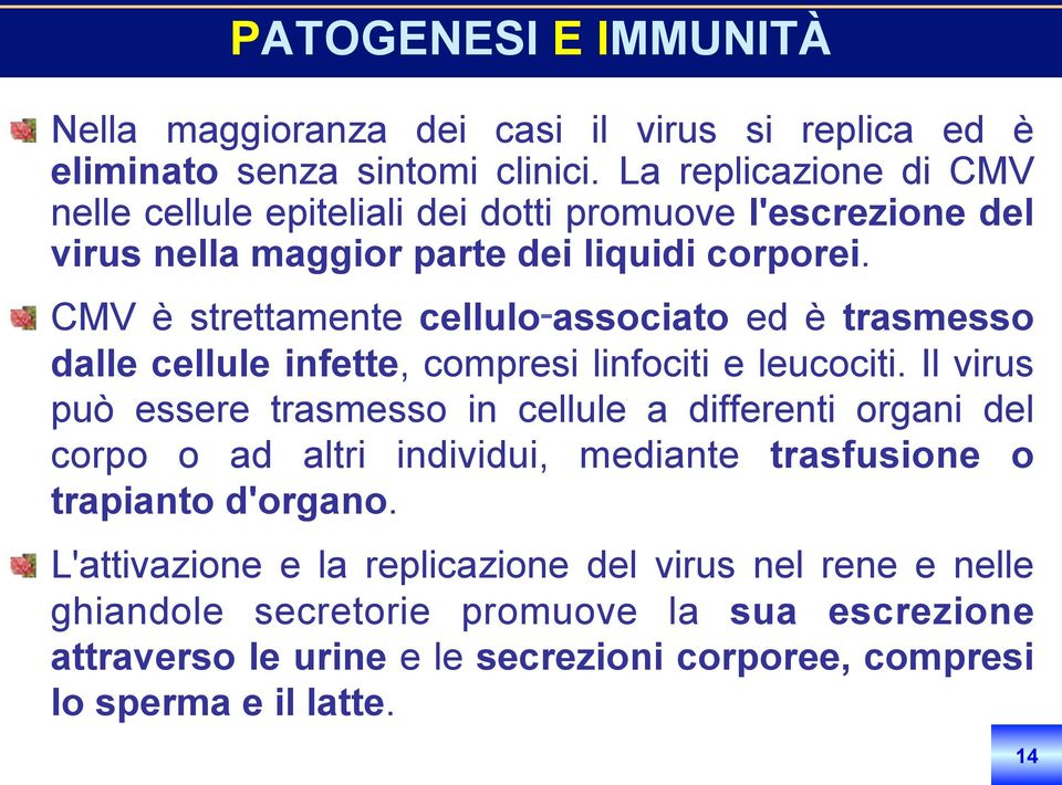 ! CMV è strettamente cellulo associato ed è trasmesso dalle cellule infette, compresi linfociti e leucociti.