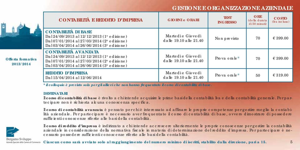 00 CONTABILITÀ AVANZATA Dal 24/09/2013 al 12/12/2013 (1 a edizione) Dal 07/01/2014 al 27/03/2014 (2 a edizione) Dal 03/04/2014 al 26/06/2014 (3 a edizione) Martedì e Giovedì Prova orale* 70 399.
