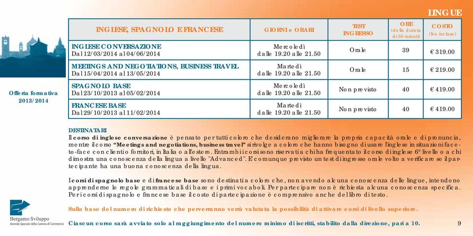 00 SPAGNOLO BASE Dal 23/10/2013 al 05/02/2014 FRANCESE BASE Dal 29/10/2013 al 11/02/2014 Mercoledì Martedì Non previsto Non previsto 40 40 419.00 419.