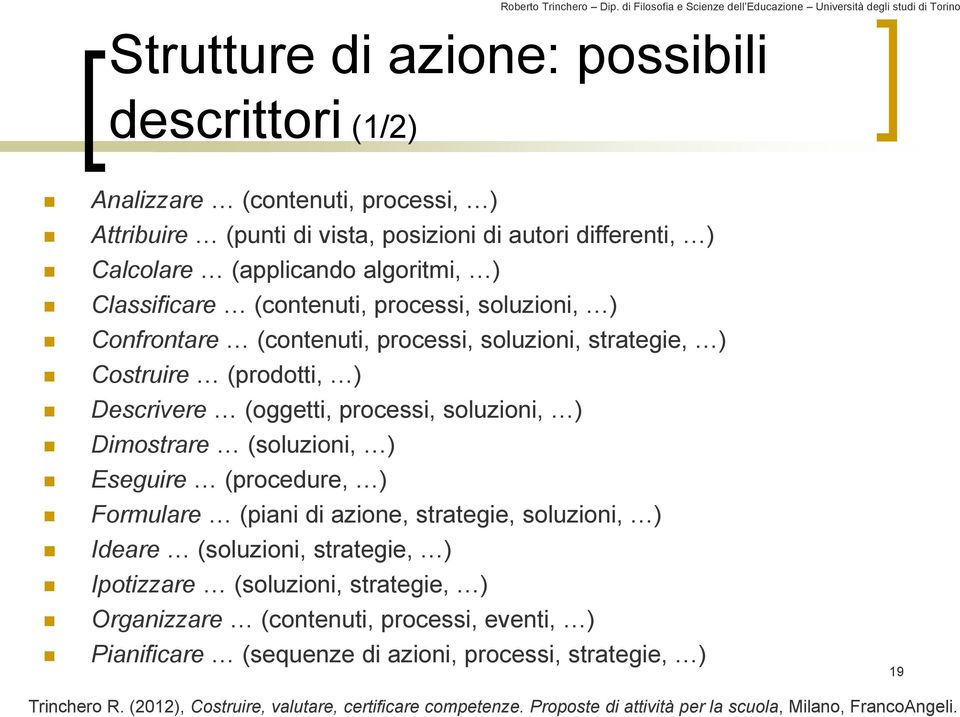 (soluzioni, ) Eseguire (procedure, ) Formulare (piani di azione, strategie, soluzioni, ) Ideare (soluzioni, strategie, ) Ipotizzare (soluzioni, strategie, ) Organizzare (contenuti,