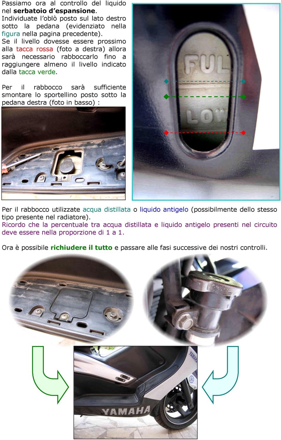 Per il rabbocco sarà sufficiente smontare lo sportellino posto sotto la pedana destra (foto in basso) : Per il rabbocco utilizzate acqua distillata o liquido antigelo (possibilmente dello stesso