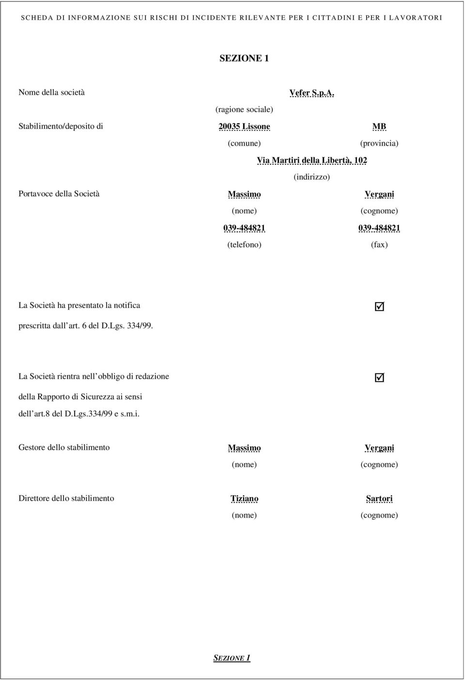 (nome) (cognome) 039-484821 039-484821 (telefono) (fax) La Società ha presentato la notifica prescritta dall art. 6 del D.Lgs. 334/99.