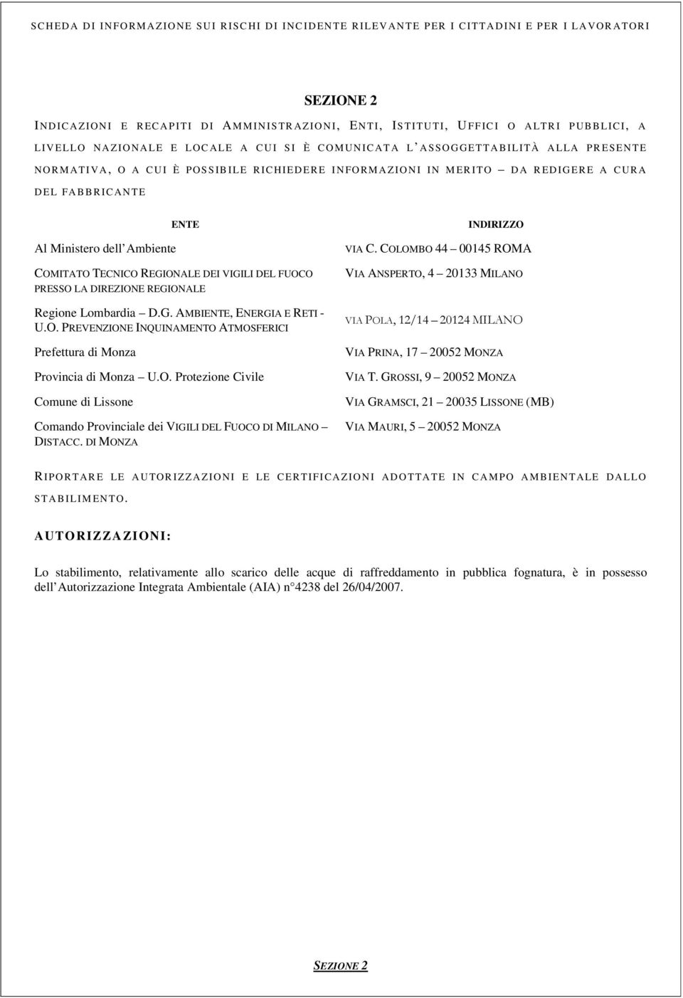 REGIONALE DEI VIGILI DEL FUOCO PRESSO LA DIREZIONE REGIONALE Regione Lombardia D.G. AMBIENTE, ENERGIA E RETI - U.O. PREVENZIONE INQUINAMENTO ATMOSFERICI Prefettura di Monza Provincia di Monza U.O. Protezione Civile Comune di Lissone Comando Provinciale dei VIGILI DEL FUOCO DI MILANO DISTACC.