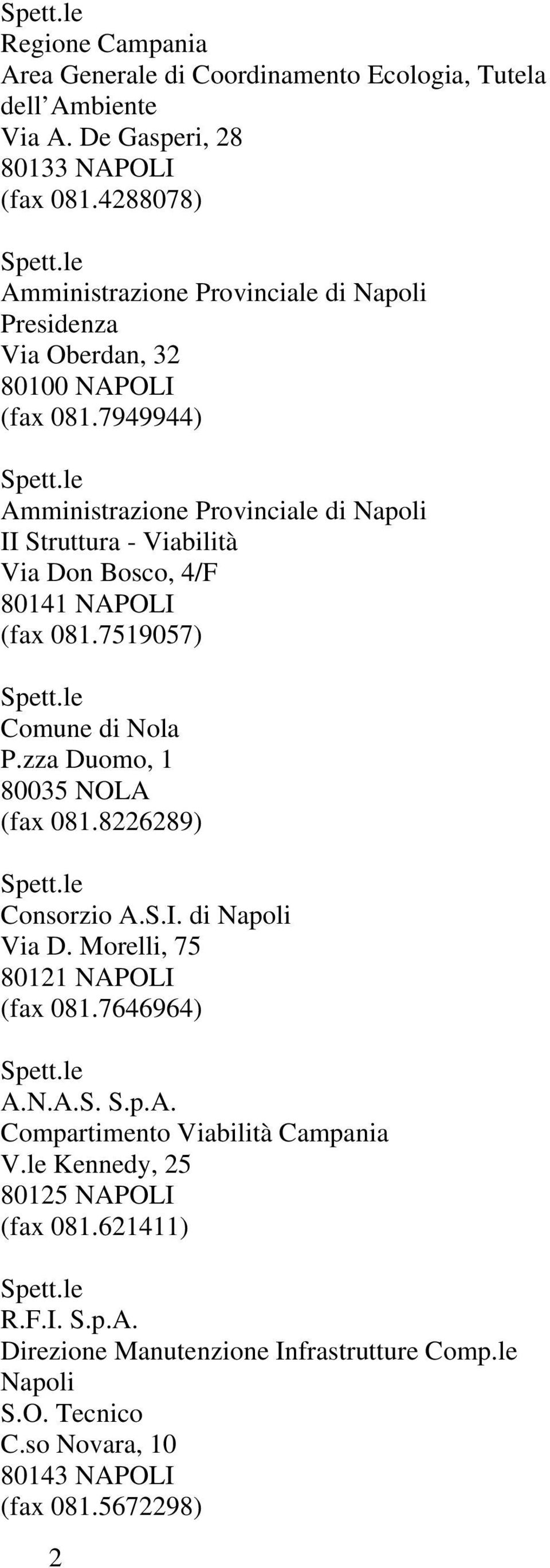 7949944) Amministrazione Provinciale di Napoli II Struttura - Viabilità Via Don Bosco, 4/F 80141 NAPOLI (fax 081.7519057) Comune di Nola P.