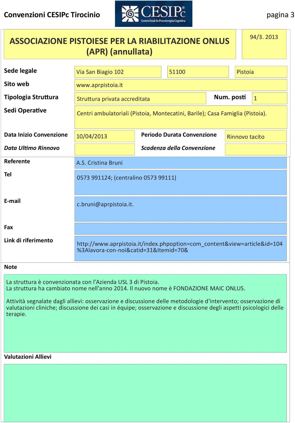 bruni@aprpistoia.it. http://www.aprpistoia.it/index.phpoption=com_content&view=article&id=104 %3Alavora-con-noi&catid=31&Itemid=70& La struttura è convenzionata con l'azienda USL 3 di Pistoia.