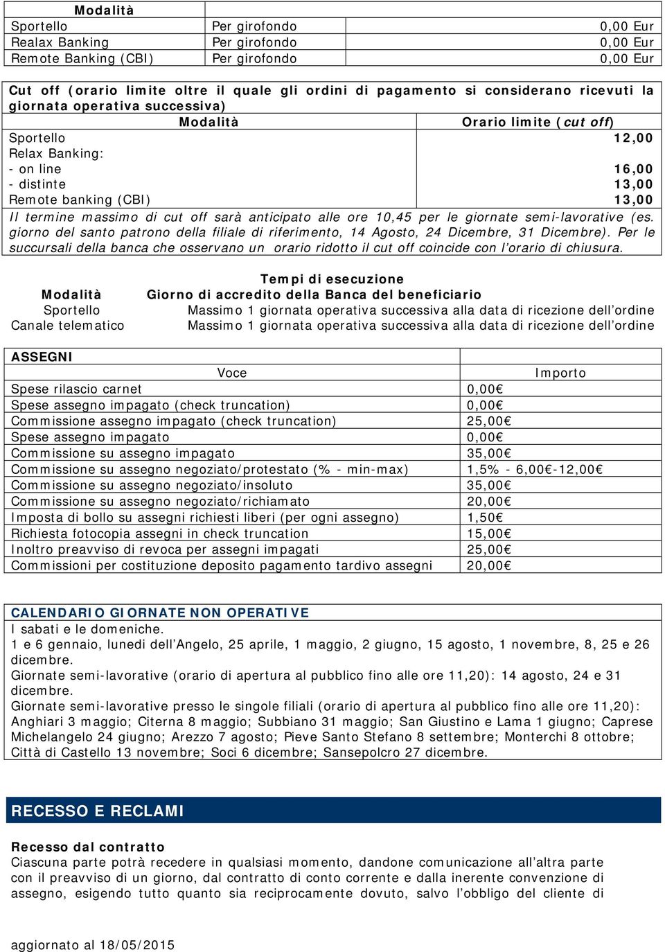 off sarà anticipato alle ore 10,45 per le giornate semi-lavorative (es. giorno del santo patrono della filiale di riferimento, 14 Agosto, 24 Dicembre, 31 Dicembre).