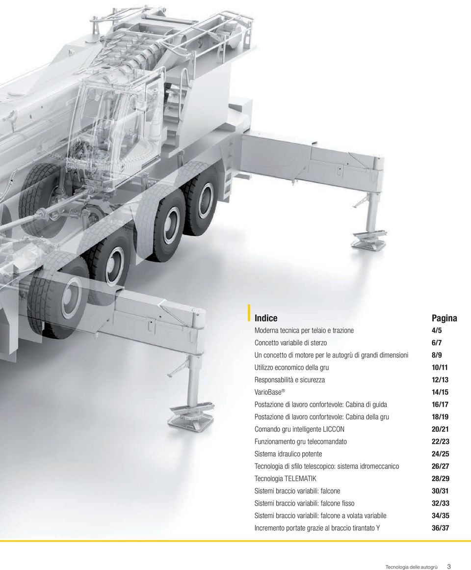LICCON 20/21 Funzionamento gru telecomandato 22/23 Sistema idraulico potente 24/25 Tecnologia di sfilo telescopico: sistema idromeccanico 26/27 Tecnologia TELEMATIK 28/29 Sistemi braccio