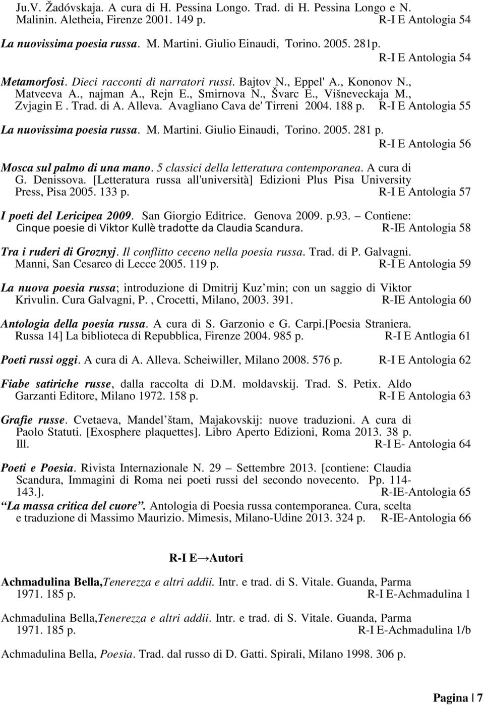 Trad. di A. Alleva. Avagliano Cava de' Tirreni 2004. 188 p. R-I E Antologia 55 La nuovissima poesia russa. M. Martini. Giulio Einaudi, Torino. 2005. 281 p.