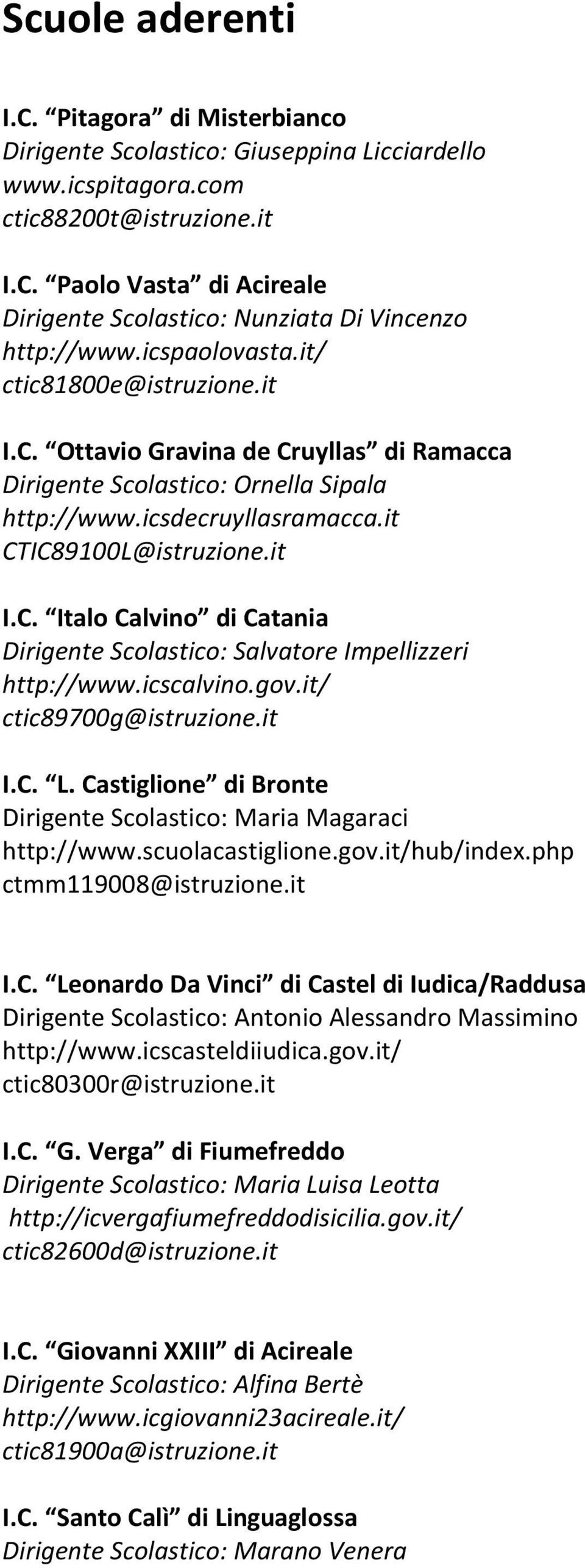 icscalvino.gov.it/ ctic89700g@istruzione.it I.C. L. Castiglione di Bronte Dirigente Scolastico: Maria Magaraci http://www.scuolacastiglione.gov.it/hub/index.php ctmm119008@istruzione.it I.C. Leonardo Da Vinci di Castel di Iudica/Raddusa Dirigente Scolastico: Antonio Alessandro Massimino http://www.