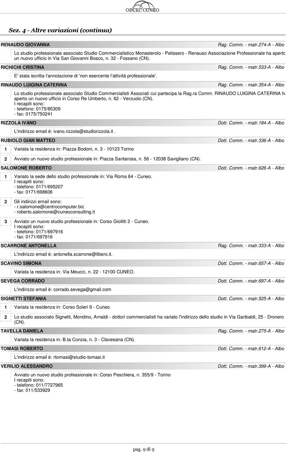 3 - Fossano (CN). RICHICHI CRISTINA E' stata iscritta l'annotazione di 'non esercente l'attività professionale'. RINAUDO LUIGINA CATERINA Rag. Comm. - matr.