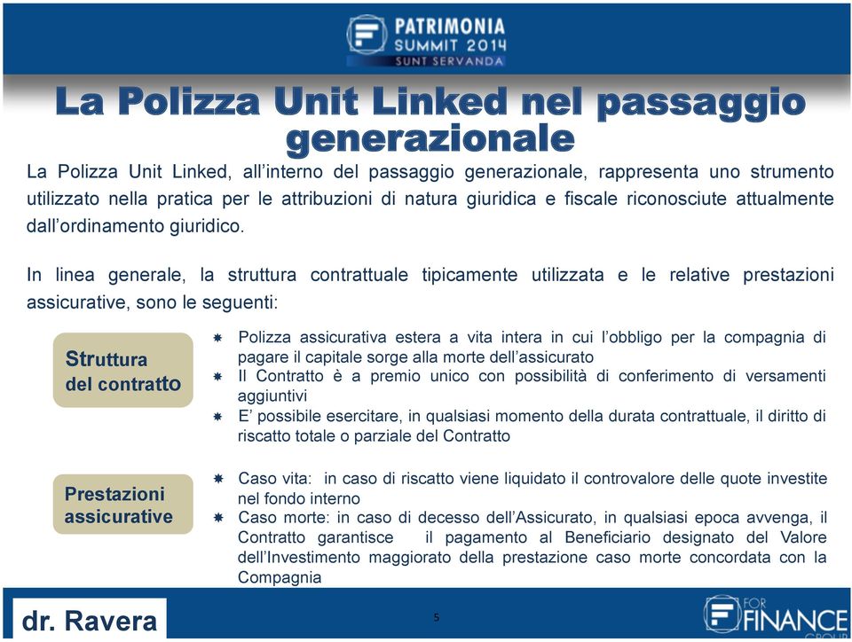 In linea generale, la struttura contrattuale tipicamente utilizzata e le relative prestazioni assicurative, sono le seguenti: Struttura del contratto Polizza assicurativa estera a vita intera in cui