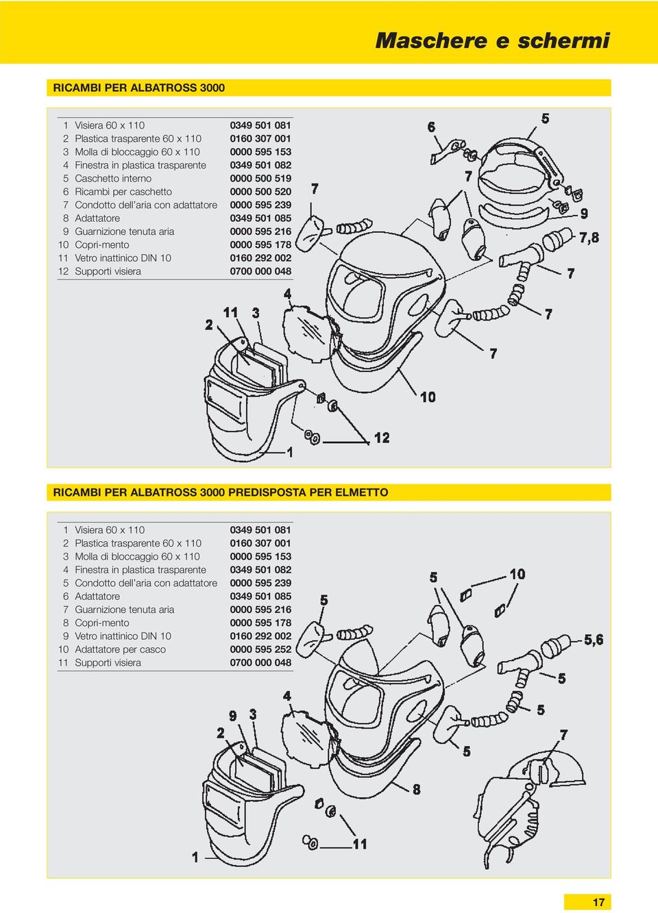 0000 595 216 10 Copri-mento 0000 595 178 11 Vetro inattinico DIN 10 0160 292 002 12 Supporti visiera 0700 000 048 RICAMBI PER ALBATROSS 3000 PREDISPOSTA PER ELMETTO 1 Visiera 60 x 110 0349 501 081 2