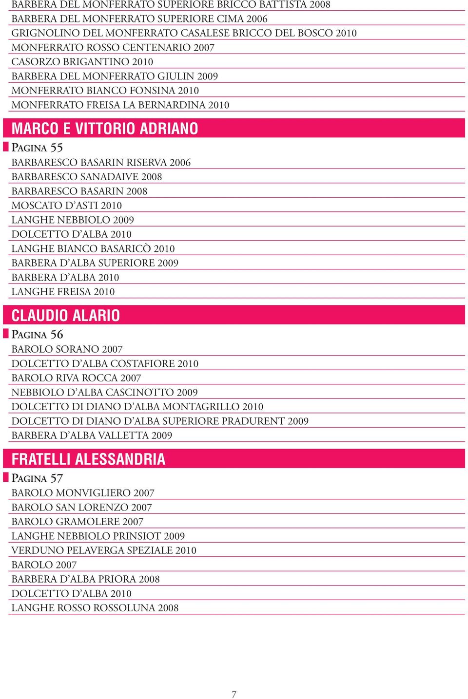 SANADAIVE 2008 BARBARESCO BASARIN 2008 MOSCATO D ASTI 2010 LANGHE NEBBIOLO 2009 DOLCETTO D ALBA 2010 LANGHE BIANCO BASARICÒ 2010 BARBERA D ALBA SUPERIORE 2009 BARBERA D ALBA 2010 LANGHE FREISA 2010