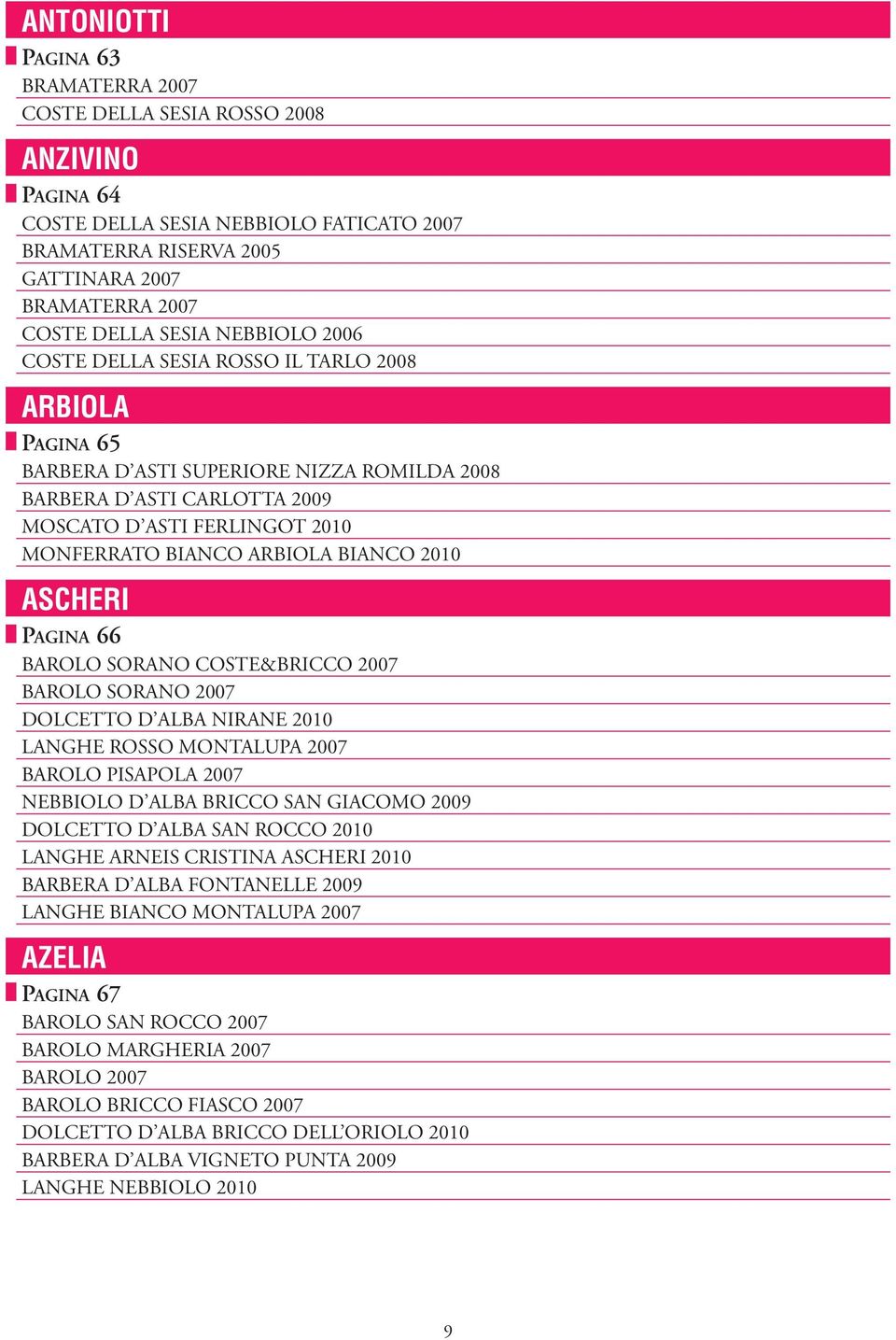 BIANCO 2010 ASCHERI PAGINA 66 BAROLO SORANO COSTE&BRICCO 2007 BAROLO SORANO 2007 DOLCETTO D ALBA NIRANE 2010 LANGHE ROSSO MONTALUPA 2007 BAROLO PISAPOLA 2007 NEBBIOLO D ALBA BRICCO SAN GIACOMO 2009