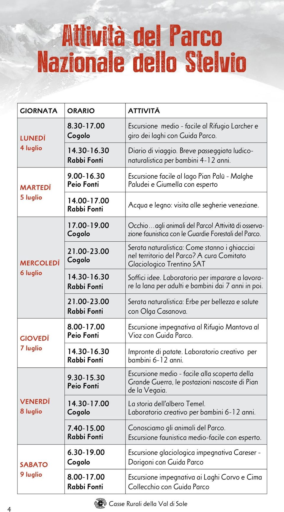 00 Cogolo 8.00-17.00 Escursione medio - facile al Rifugio Larcher e giro dei laghi con Guida Parco. Diario di viaggio. Breve passeggiata ludiconaturalistica per bambini 4-12 anni.