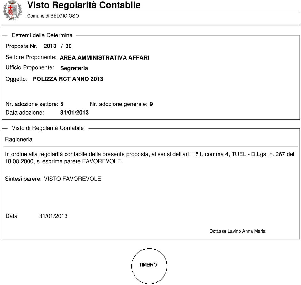 adozione settore: 5 Data adozione: 31/01/2013 Nr.