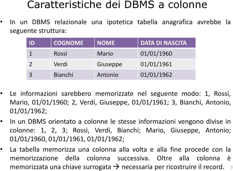 01/01/1962; In un DBMS orientato a colonne le stesse informazioni vengono divise in colonne: 1, 2, 3; Rossi, Verdi, Bianchi; Mario, Giuseppe, Antonio; 01/01/1960, 01/01/1961, 01/01/1962; La