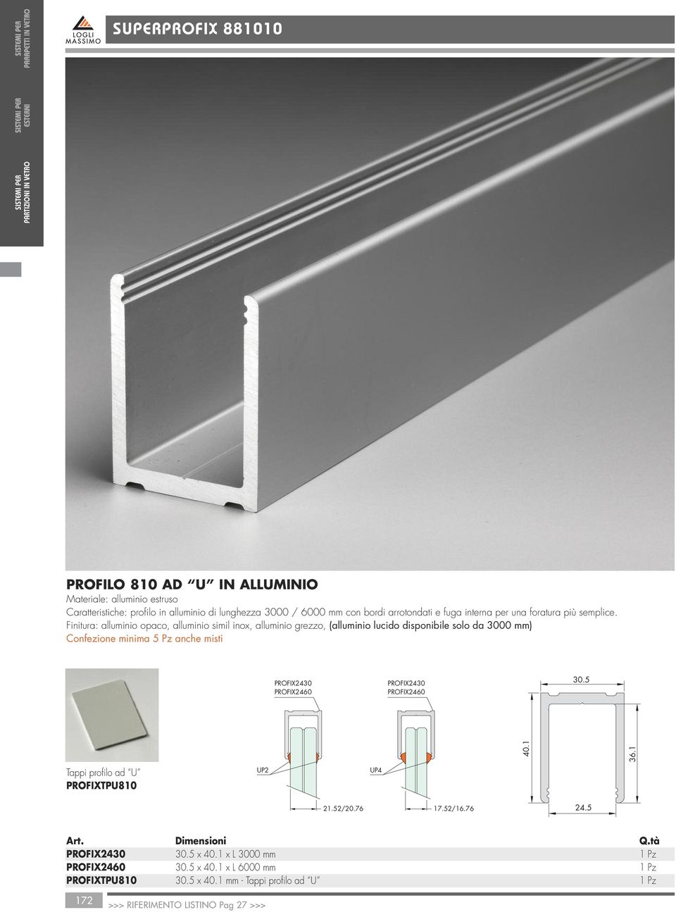 Finitura: alluminio opaco, alluminio simil inox, alluminio grezzo, (alluminio lucido disponibile solo da 3000 mm) onfezione minima 5 Pz anche misti PROFIX2430