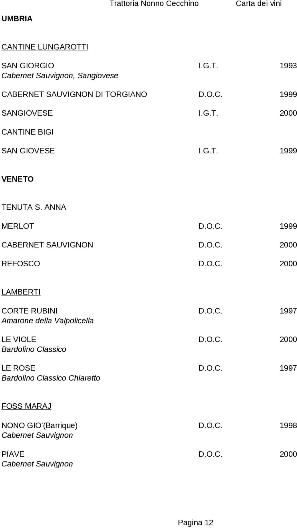 O.C. 1997 Amarone della Valpolicella LE VIOLE D.O.C. 2000 Bardolino Classico LE ROSE D.O.C. 1997 Bardolino Classico Chiaretto FOSS MARAJ NONO GIO'(Barrique) Cabernet Sauvignon D.