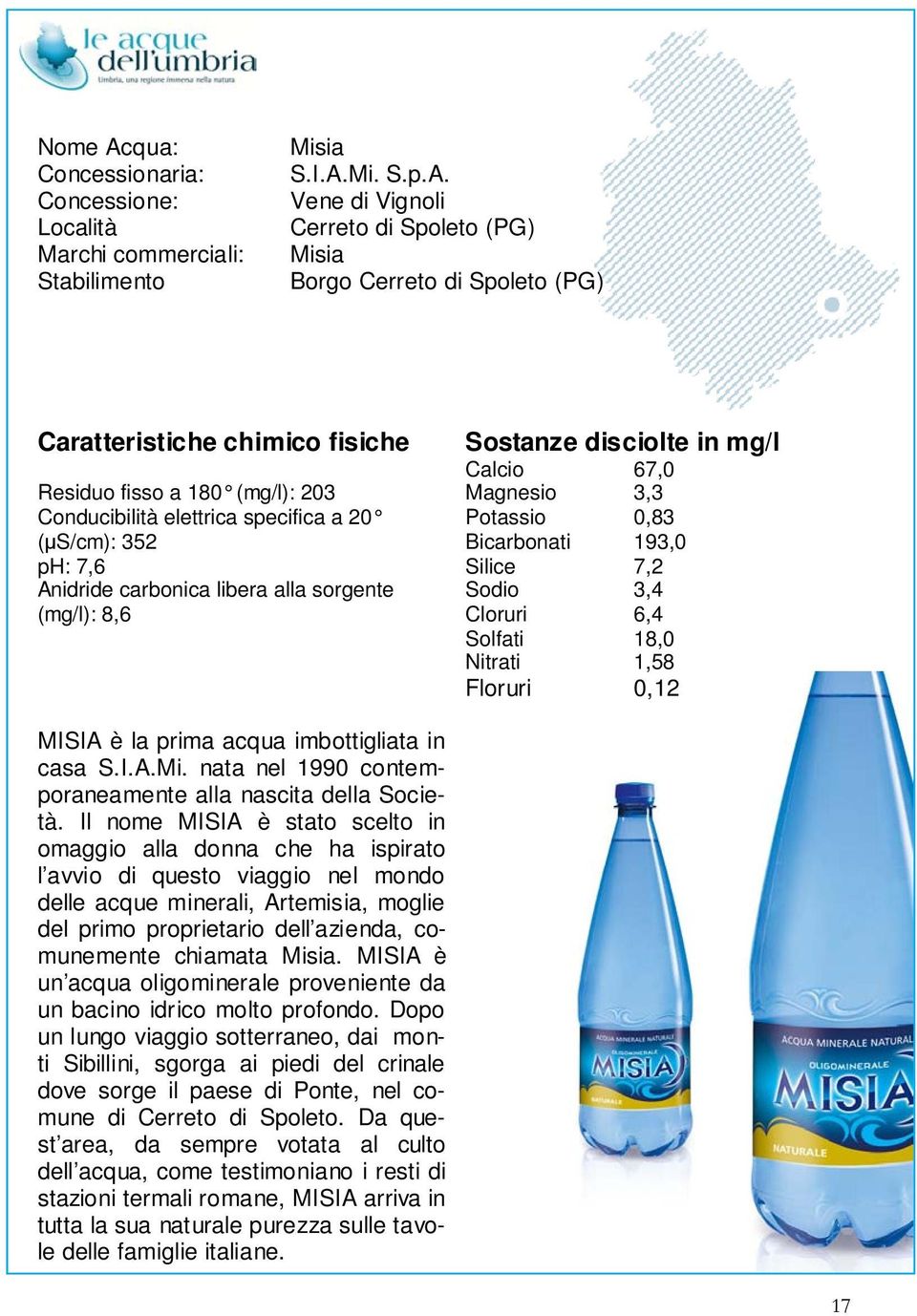 Vene di Vignoli Cerreto di Spoleto (PG) Misia Borgo Cerreto di Spoleto (PG) Residuo fisso a 180 (mg/l): 203 (µs/cm): 352 ph: 7,6 (mg/l): 8,6 Calcio 67,0 Magnesio 3,3 Potassio 0,83 Bicarbonati 193,0