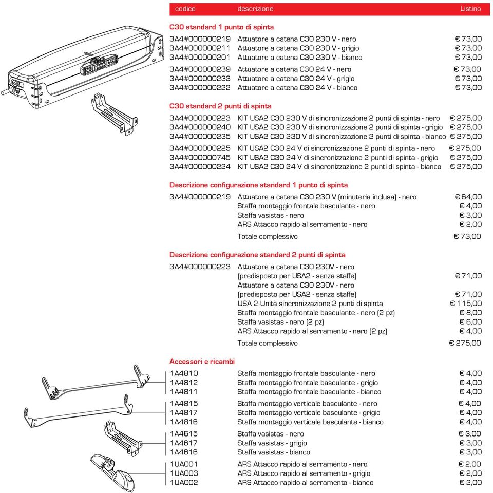 73,00 C30 standard 2 punti di spinta 3A4#000000223 KIT USA2 C30 230 V di ncronizzazione 2 punti di spinta - nero 275,00 3A4#000000240 KIT USA2 C30 230 V di ncronizzazione 2 punti di spinta - grigio