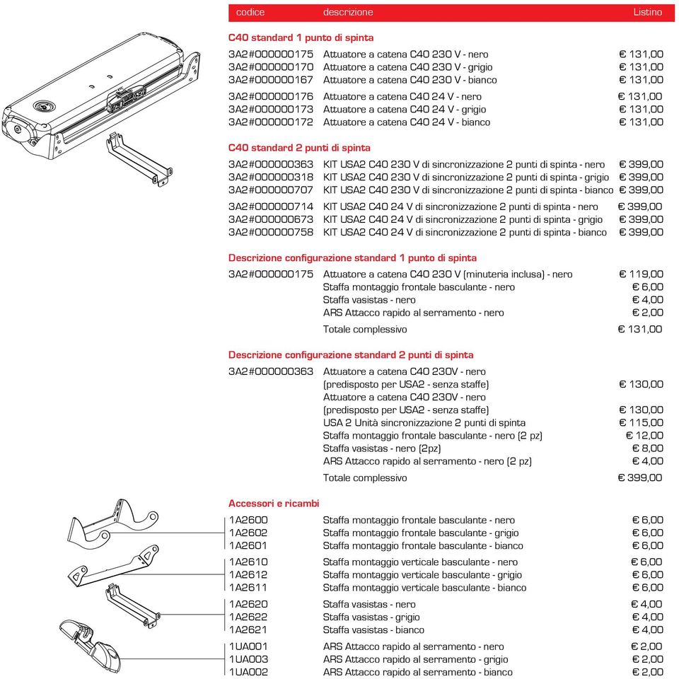 131,00 C40 standard 2 punti di spinta 3A2#000000363 KIT USA2 C40 230 V di ncronizzazione 2 punti di spinta - nero 399,00 3A2#000000318 KIT USA2 C40 230 V di ncronizzazione 2 punti di spinta - grigio