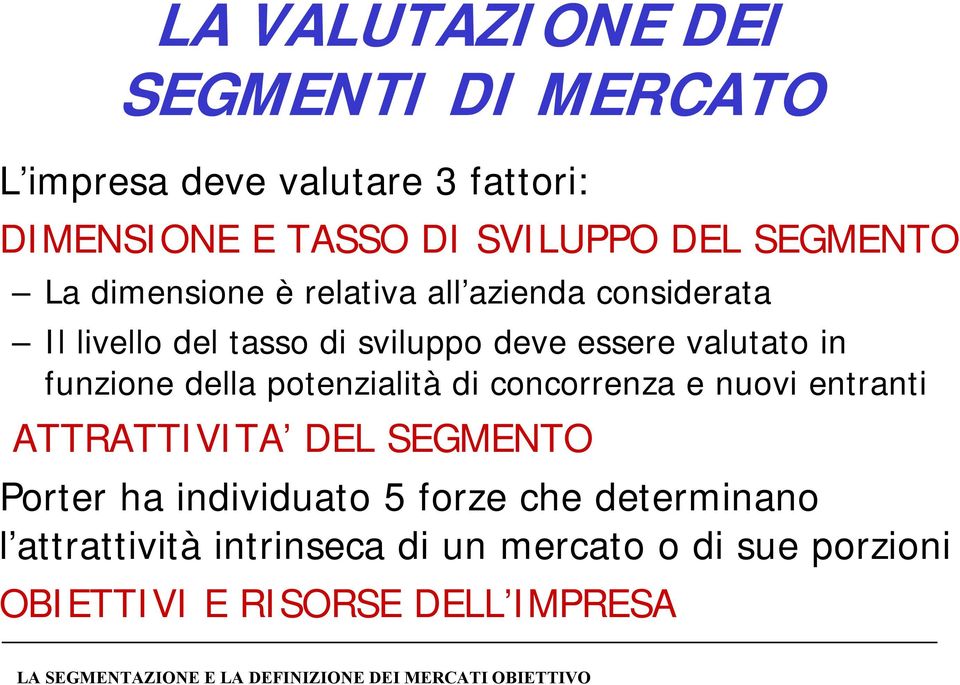 in funzione della potenzialità di concorrenza e nuovi entranti ATTRATTIVITA DEL SEGMENTO Porter ha individuato