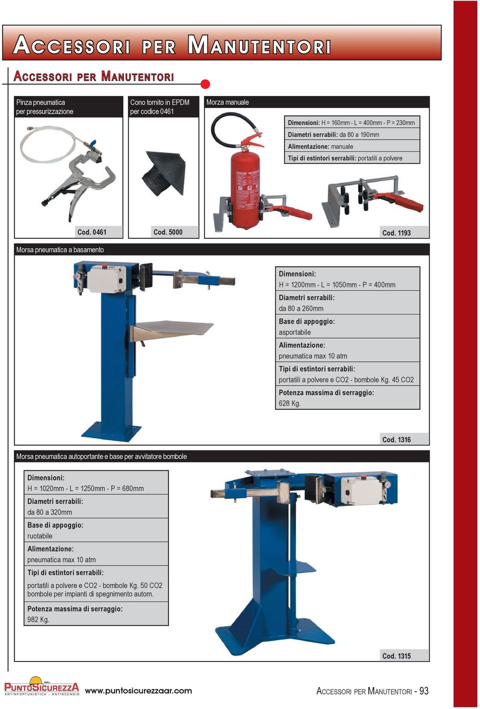 1193 Dimensioni: H = 1200mm - L = 1050mm - P = 400mm Diametri serrabili: da 80 a 260mm Base di appoggio: asportabile Alimentazione: pneumatica max 10 atm Tipi di estintori serrabili: portatili a