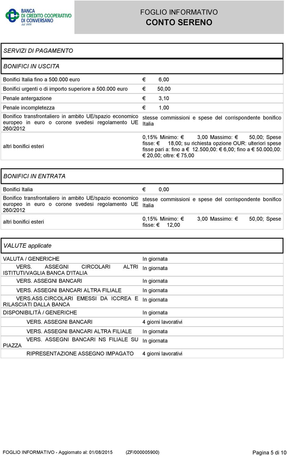 esteri stesse commissioni e spese del corrispondente bonifico Italia 0,15% Minimo: 3,00 Massimo: 50,00; Spese fisse: 18,00; su richiesta opzione OUR: ulteriori spese fisse pari a: fino a 12.