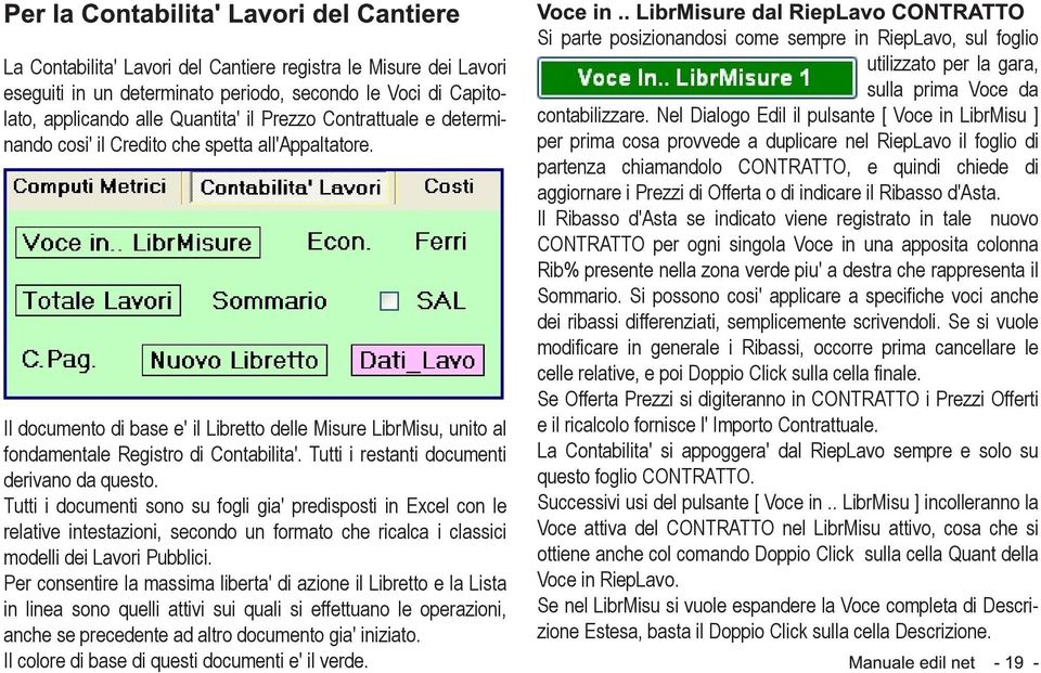 Tutti i documenti sono su fogli gia' predisposti in Excel con le relative intestazioni, secondo un formato che ricalca i classici modelli dei Lavori Pubblici.